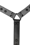 ARMY OF MEN 1.5" wide black and grey leather bulldog connector with matte black O-rings, laid flat and viewed from above.