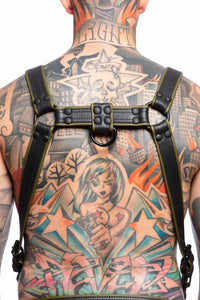 Rear view of male model in a 1.5" wide ARMY OF MEN FULL COMBAT KIT - Army Green with matte black rivets, snaps, and buckles.