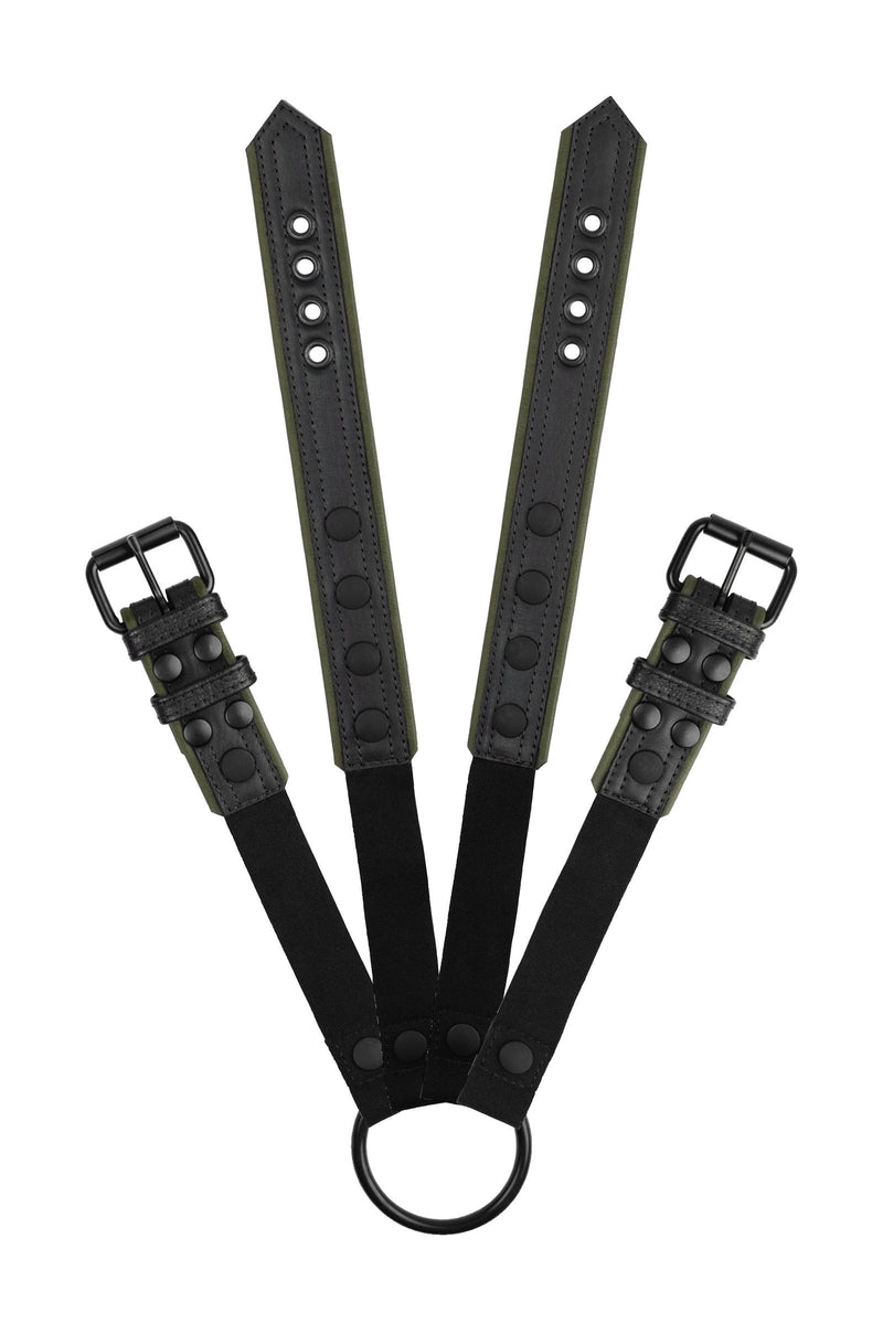 Overhead view of a 1.5" wide ARMY OF MEN COMBAT CONNECTOR - Army Green with matte black rivets, snaps, and buckles.