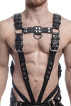 A ginger haired model wearing a 1.5" wide ARMY OF MEN FULL COMBAT KIT - Stainless Steel connected to a cockring, front view.