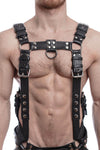ARMY OF MEN black leather Full Combat Kit connected to a jockstrap, styled on a muscular male model, facing forward.
