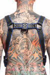 A toned model wearing a 1.5" wide ARMY OF MEN FULL COMBAT KIT - Blue with matte black hardware, back view.