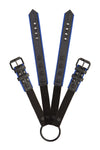 Overhead view of a 1.5" wide ARMY OF MEN COMBAT CONNECTOR - Blue with matte black hardware connected to a rubber cockring.