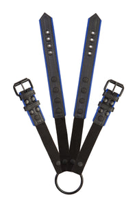 Overhead view of a 1.5" wide ARMY OF MEN COMBAT CONNECTOR - Blue with matte black hardware connected to a rubber cockring.