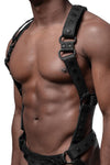 Front view of fit model wearing a Full Universal X Kit - Black with matte black rivets, snaps, and O-rings. No front straps.