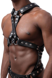 Partial side view of Black model in a Full Universal X Kit - Stainless Steel with stainless steel hardware. Worn vertically.