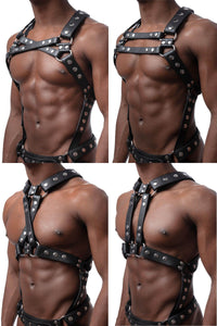 Black model wearing a ARMY OF MEN Full Universal X Kit - Stainless Steel with stainless steel hardware, four ways.