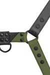 ARMY OF MEN black and army green leather chest harness with matte black metal hardware, displayed flat and viewed from above.