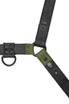 A 1.5" wide ARMY OF MEN black and army green leather harness with matte black hardware, laid flat and displaying the lining.