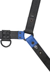 ARMY OF MEN 1.5" wide black and blue leather bulldog harness with matte black hardware, laid flat and displaying the lining.