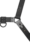 A 1.5" wide ARMY OF MEN CHEVRON BULLDOG - Grey with matte black metal hardware, laid flat and displaying the lining leather.