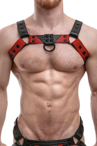 A 1.5" wide ARMY OF MEN CHEVRON BULLDOG - Red with matte black rivets, worn by a chiselled model.
