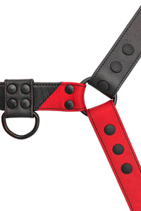 ARMY OF MEN 1.5" wide CHEVRON BULLDOG - Red with matte black hardware, laid flat and captured from above.