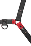 ARMY OF MEN 1.5" wide CHEVRON BULLDOG - Red with matte black hardware, laid flat and showing the lining leather.