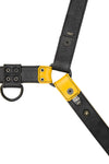 A 1.5" wide ARMY OF MEN black and yellow leather harness with black hardware, laid flat and revealing the lining leather.