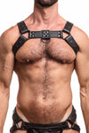 A fit model wearing a ARMY OF MEN CLASSIC BULLDOG - Black with black rivets, snaps, O-rings, and D-rings, front facing view.