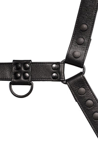 ARMY OF MEN CLASSIC BULLDOG - Black with matte black rivets, snaps, O-rings, and D-rings, laid flat and viewed from above.