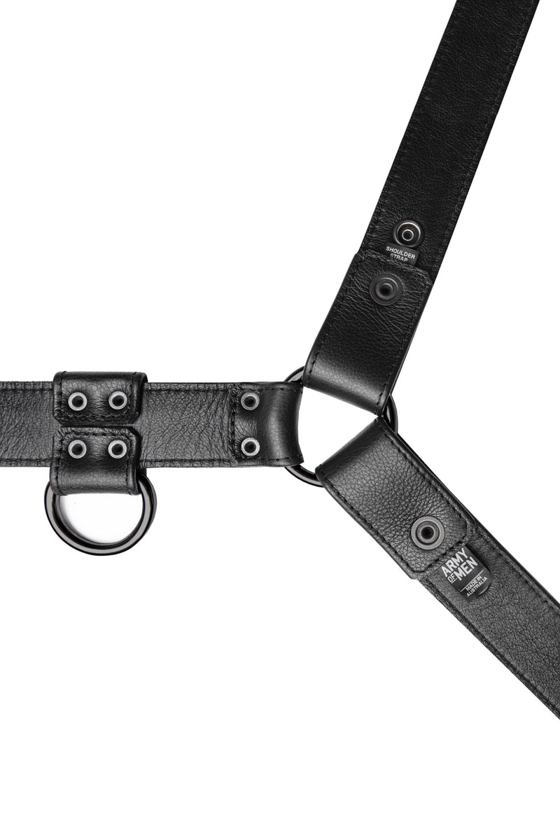 A 1.5" wide ARMY OF MEN CLASSIC BULLDOG - Black with matte black hardware, displayed flat and revealing the lining leather.