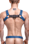 Male model turned away in a 1.5" wide ARMY OF MEN CLASSIC BULLDOG - Blue with matt black rivets, snaps, O-rings, and D-rings.