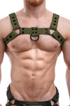 Male model in a 1.5" wide ARMY OF MEN army green leather bulldog harness with matte black snaps, front facing view.