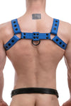 Back shot of male model wearing a 1.5" wide ARMY OF MEN blue leather chest harness with matte black hardware.