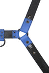ARMY OF MEN 1.5" wide blue leather chest harness with matte black rivets, laid flat and displaying the lining leather.