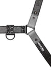 A 1.5" wide ARMY OF MEN grey and black leather harness with matt black hardware, laid flat and displaying the lining leather.