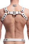 Back view of male model wearing a 1.5" wide ARMY OF MEN CLASSIC BULLDOG - White & Black with matte black rivets.