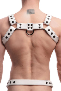 Back view of male model wearing a 1.5" wide ARMY OF MEN CLASSIC BULLDOG - White & Black with matte black rivets.