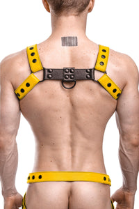 Back shot of male model in a 1.5" wide ARMY OF MEN yellow and black leather Classic Bulldog harness with matt black hardware.