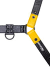 An ARMY OF MEN yellow and black leather Classic Bulldog harness with matte black hardware, laid flat and showing the lining.