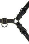 Overhead view of a 1.5" wide ARMY OF MEN army green and black leather bulldog harness with matte black hardware.