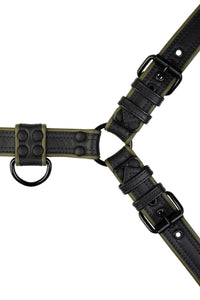 Overhead view of a 1.5" wide ARMY OF MEN army green and black leather bulldog harness with matte black hardware.