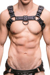 Front view of muscular model in an ARMY OF MEN COMBAT BULLDOG - Black with matte black rivets, buckles, O-rings, and D-rings.