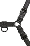 A 1.5" wide ARMY OF MEN COMBAT BULLDOG - Black with matte black buckles, laid flat and viewed from above.