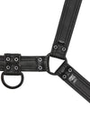 Flat-laid and facing down an ARMY OF MEN black leather bulldog harness with matte black O-rings revealing the lining leather.