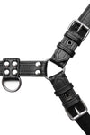 ARMY OF MEN 1.5" wide black leather bulldog harness with stainless steel hardware, laid flat and captured from above.