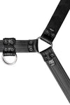 A 1.5" wide ARMY OF MEN black leather bulldog harness with stainless steel hardware, laid flat and displaying the lining.