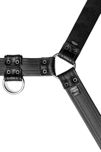 A 1.5" wide ARMY OF MEN black leather bulldog harness with stainless steel hardware, laid flat and displaying the lining.