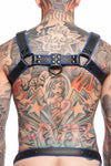 A tattooed model turned away wearing a 1.5" wide ARMY OF MEN COMBAT BULLDOG - Blue with matte black hardware.