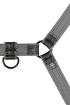 An ARMY OF MEN grey and black leather Combat Bulldog harness with matte black hardware, laid flat and revealing the lining.