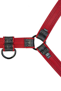 A 1.5" wide ARMY OF MEN COMBAT BULLDOG - Red with matte black rivets, laid flat and showing the lining leather.