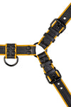 Flat lay view of a 1.5" wide ARMY OF MEN COMBAT BULLDOG - Yellow with matte black rivets, buckles, O-rings, and D-rings.
