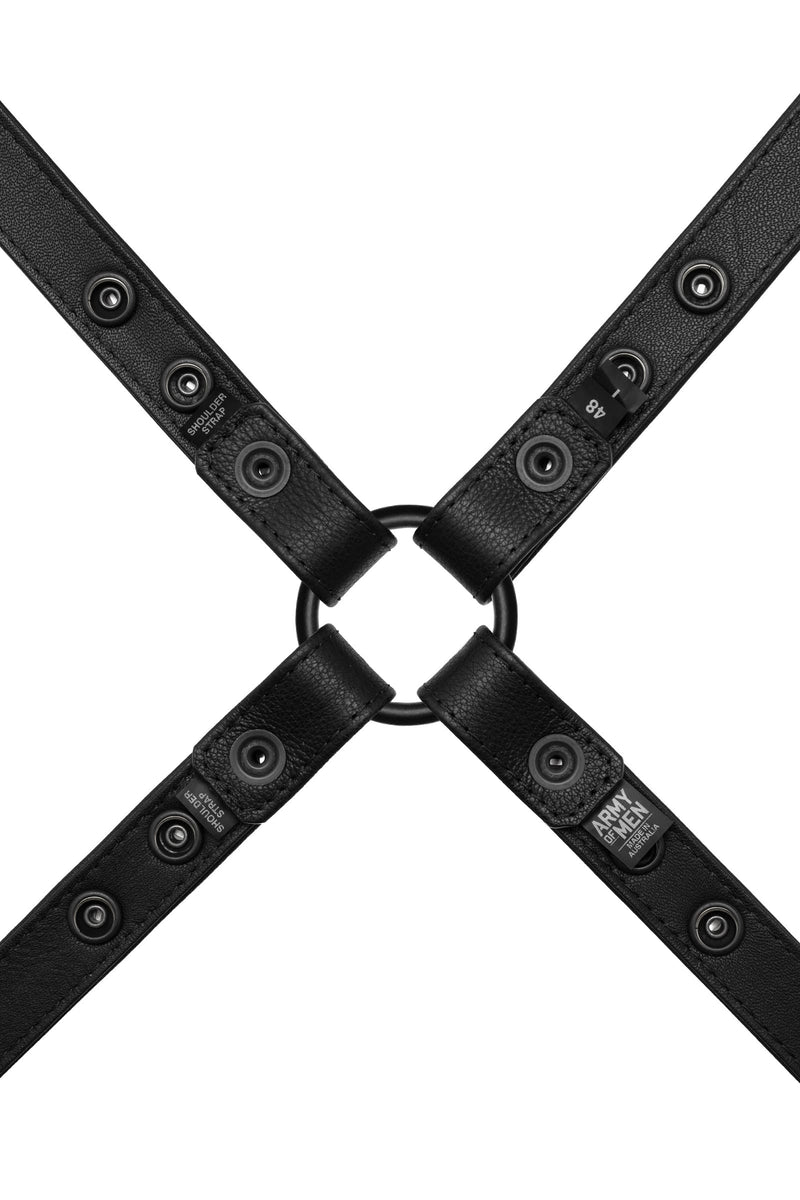 Product photo of a classic leather narrow x harness with black hardware. Back view.