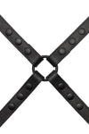 ARMY OF MEN 1" wide black leather chest harness with matte black snaps, and O-rings, laid flat and viewed from above.