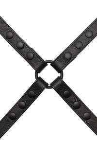 ARMY OF MEN 1" wide black leather chest harness with matte black snaps, and O-rings, laid flat and viewed from above.