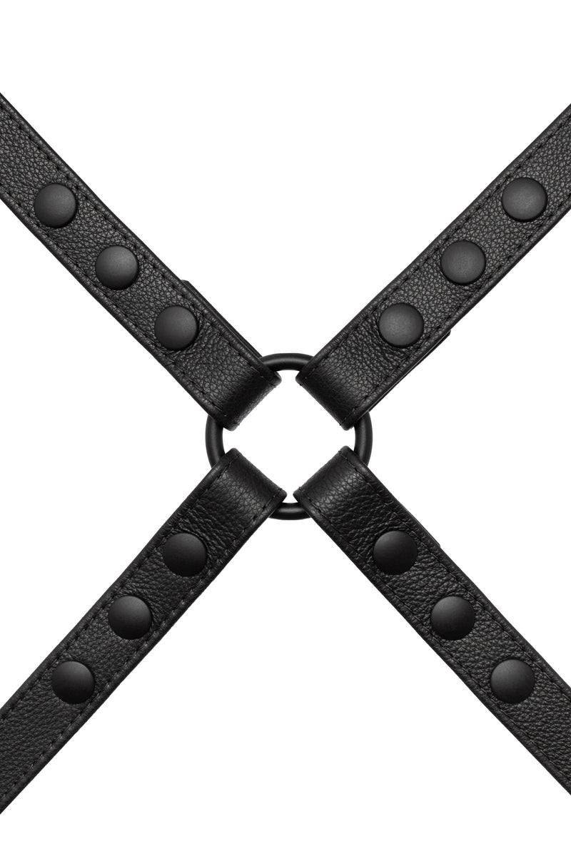 ARMY OF MEN 1" wide black leather chest harness with matte black snaps, and O-rings, laid flat and viewed from above.