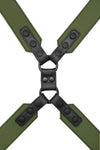 A 2" wide ARMY OF MEN army green and black leather chest harness with matte black O-rings, laid flat and viewed from above.
