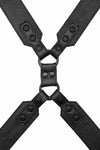 Flat lay view of a 2" wide ARMY OF MEN COMMANDER X HARNESS - Black with matte black snaps.
