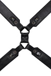 A 2" wide ARMY OF MEN black leather Commander X harness with matte black metal hardware, laid flat and displaying the lining.
